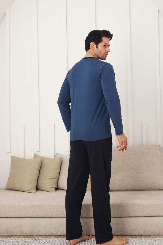 Erkek Pijama Takımı - İndigo Arma Nakışlı Likralı V Yaka Uzun Kollu Penye 1212UY - 4
