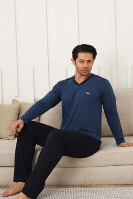 Erkek Pijama Takımı - İndigo Arma Nakışlı Likralı V Yaka Uzun Kollu Penye 1212UY - 3