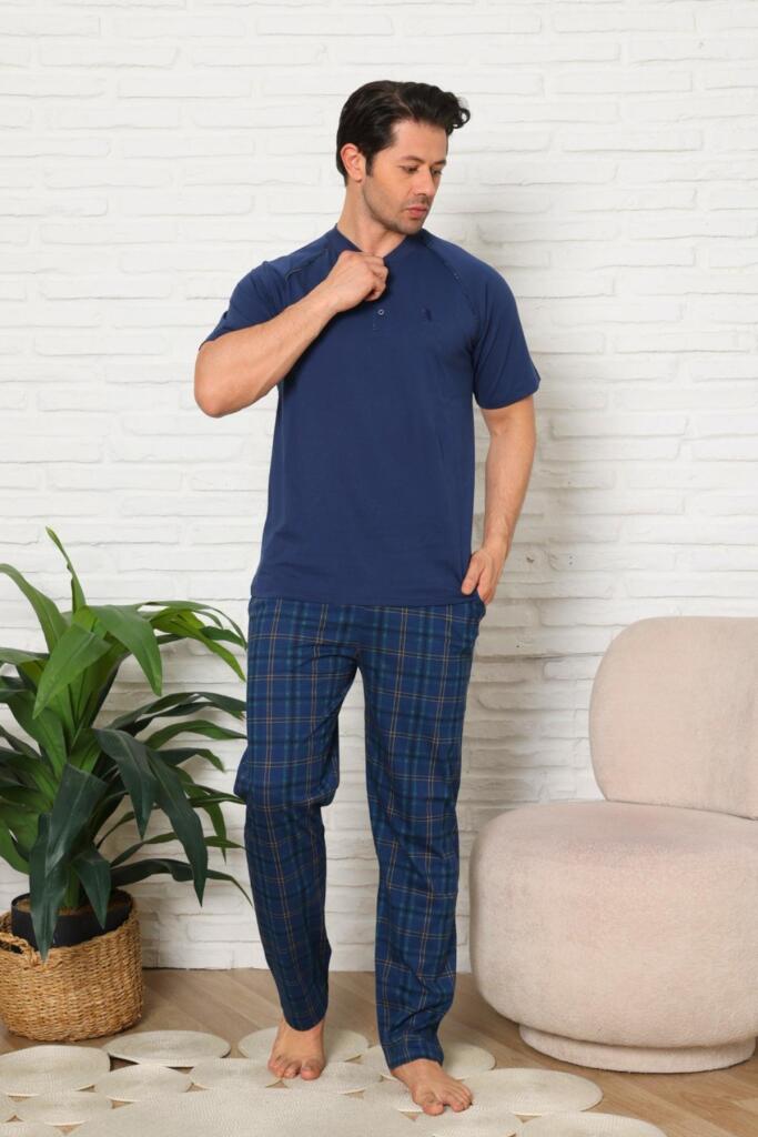 Erkek Pijama Takımı - İndigo Ekoseli Kısa Kollu Penye 1224KY - 3