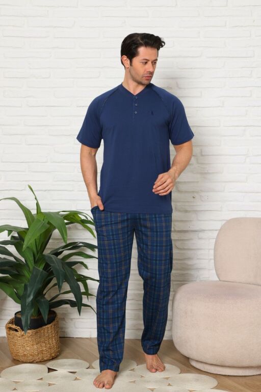 Erkek Pijama Takımı - İndigo Ekoseli Kısa Kollu Penye 1224KY - 1