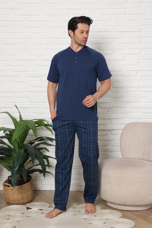 Erkek Pijama Takımı - İndigo Ekoseli Kısa Kollu Penye 1224KY - 4