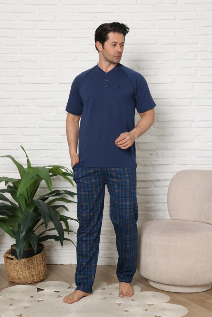 Erkek Pijama Takımı - İndigo Ekoseli Kısa Kollu Penye 1224KY - 4