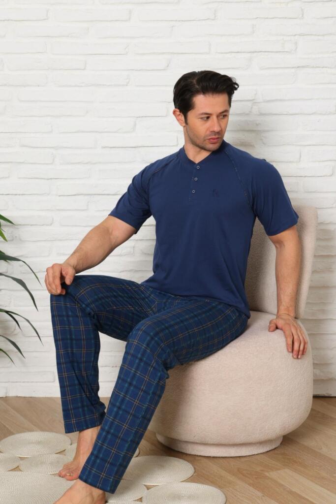 Erkek Pijama Takımı - İndigo Ekoseli Kısa Kollu Penye 1224KY - 2