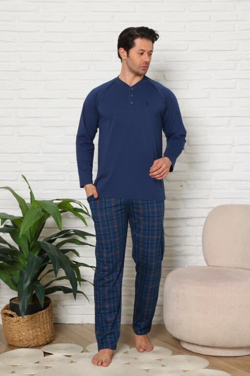 Erkek Pijama Takımı - İndigo Ekoseli Uzun Kollu Penye 1224UY - Alimer