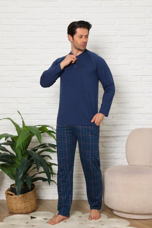 Erkek Pijama Takımı - İndigo Ekoseli Uzun Kollu Penye 1224UY - 2