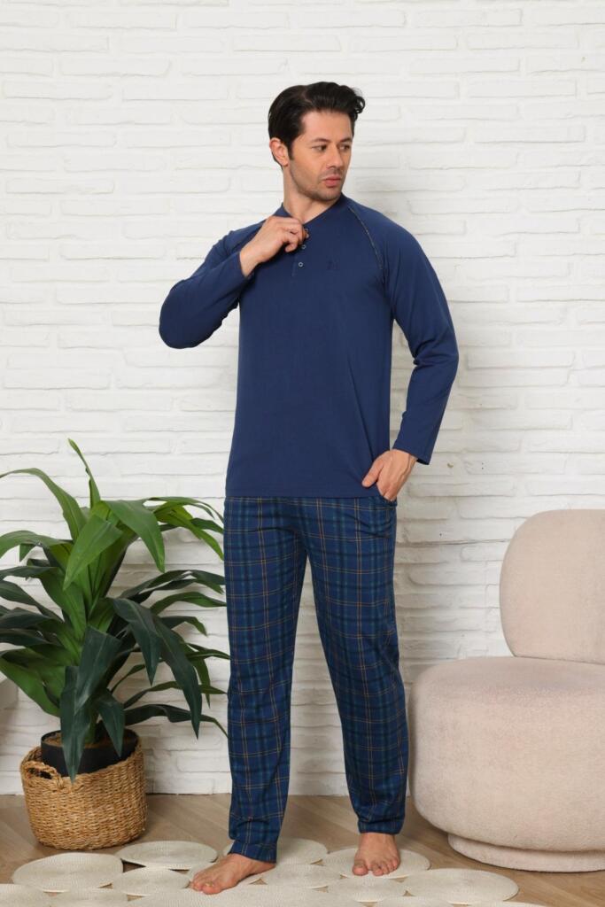 Erkek Pijama Takımı - İndigo Ekoseli Uzun Kollu Penye 1224UY - 2