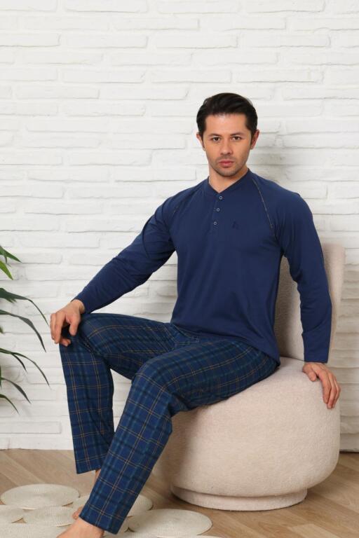 Erkek Pijama Takımı - İndigo Ekoseli Uzun Kollu Penye 1224UY - 3