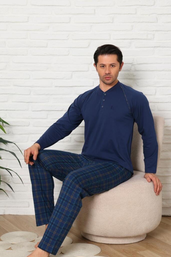 Erkek Pijama Takımı - İndigo Ekoseli Uzun Kollu Penye 1224UY - 3