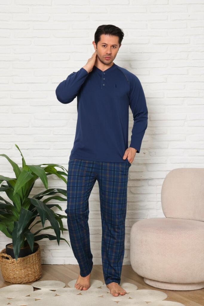 Erkek Pijama Takımı - İndigo Ekoseli Uzun Kollu Penye 1224UY - 4