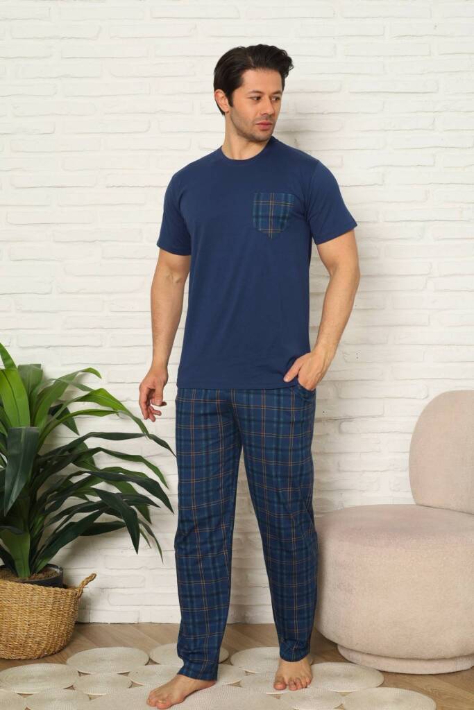 Erkek Pijama Takımı - İndigo Kareli Kısa Kollu Penye 1223KY - 1