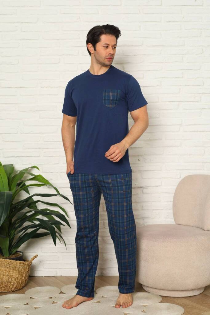 Erkek Pijama Takımı - İndigo Kareli Kısa Kollu Penye 1223KY - 2