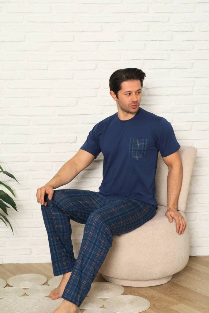 Erkek Pijama Takımı - İndigo Kareli Kısa Kollu Penye 1223KY - 3
