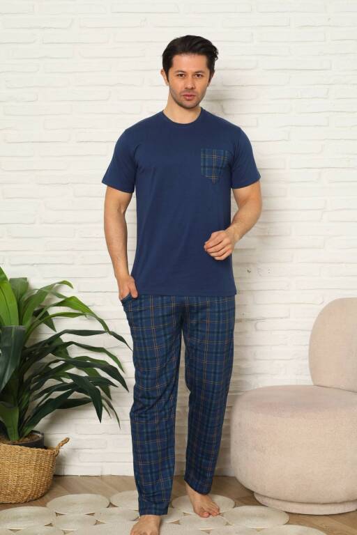 Erkek Pijama Takımı - İndigo Kareli Kısa Kollu Penye 1223KY - 4
