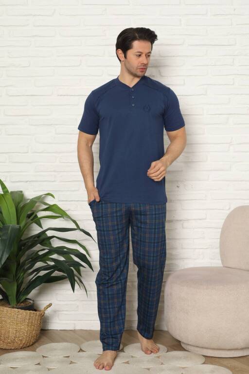 Erkek Pijama Takımı - İndigo Kareli Kısa Kollu Penye 1227KY - 1