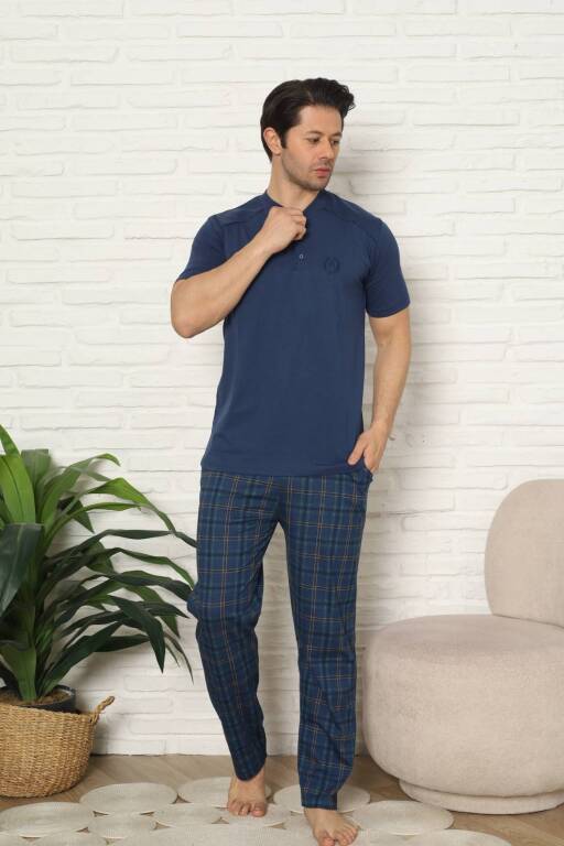 Erkek Pijama Takımı - İndigo Kareli Kısa Kollu Penye 1227KY - 3