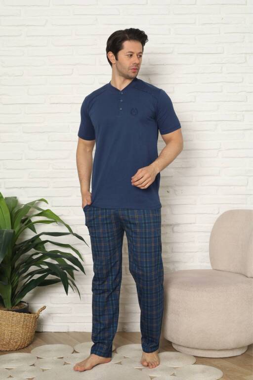 Erkek Pijama Takımı - İndigo Kareli Kısa Kollu Penye 1227KY - 4