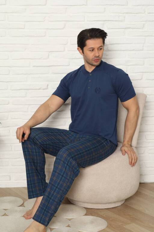 Erkek Pijama Takımı - İndigo Kareli Kısa Kollu Penye 1227KY - 2