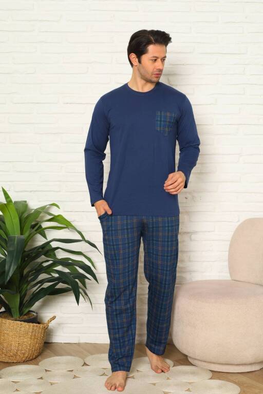 Erkek Pijama Takımı - İndigo Kareli Uzun Kollu Penye 1223UY - 1