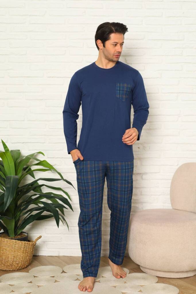 Erkek Pijama Takımı - İndigo Kareli Uzun Kollu Penye 1223UY - 1