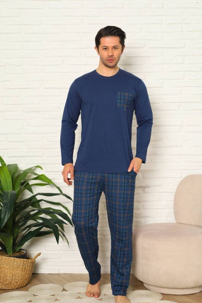 Erkek Pijama Takımı - İndigo Kareli Uzun Kollu Penye 1223UY - 3
