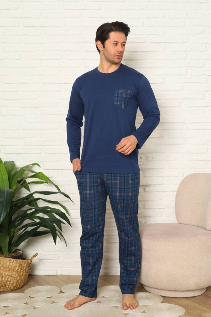Erkek Pijama Takımı - İndigo Kareli Uzun Kollu Penye 1223UY - 4