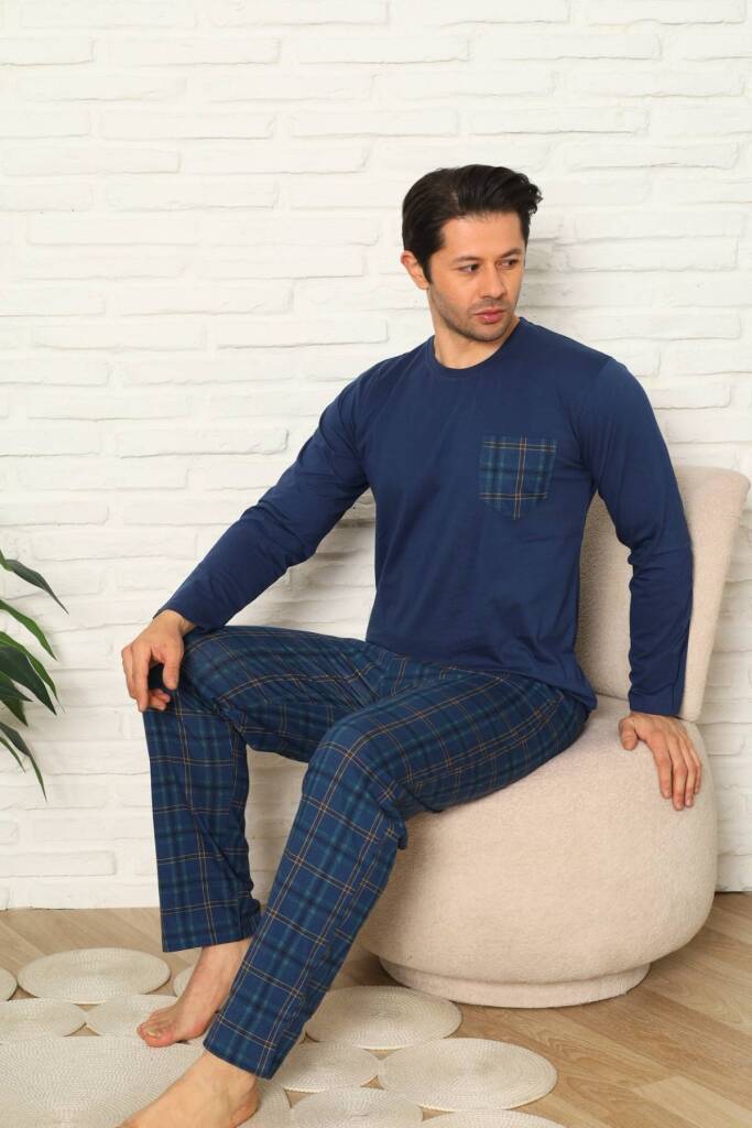 Erkek Pijama Takımı - İndigo Kareli Uzun Kollu Penye 1223UY - 2