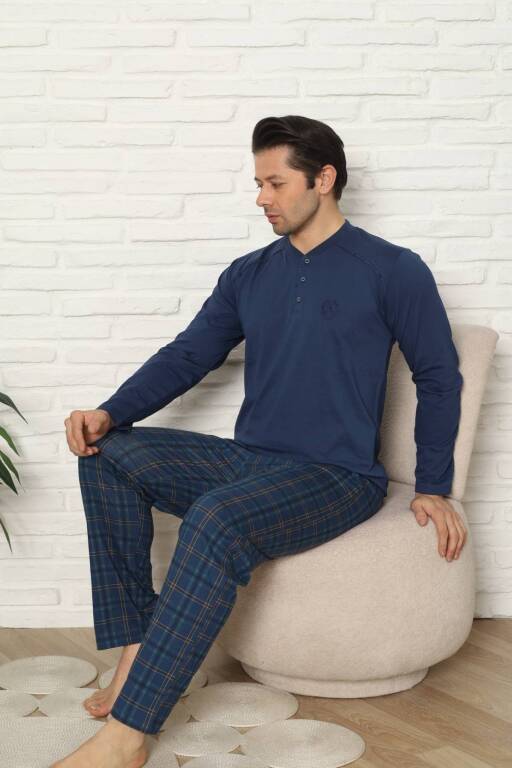 Erkek Pijama Takımı - İndigo Kareli Uzun Kollu Penye 1227UY - 2