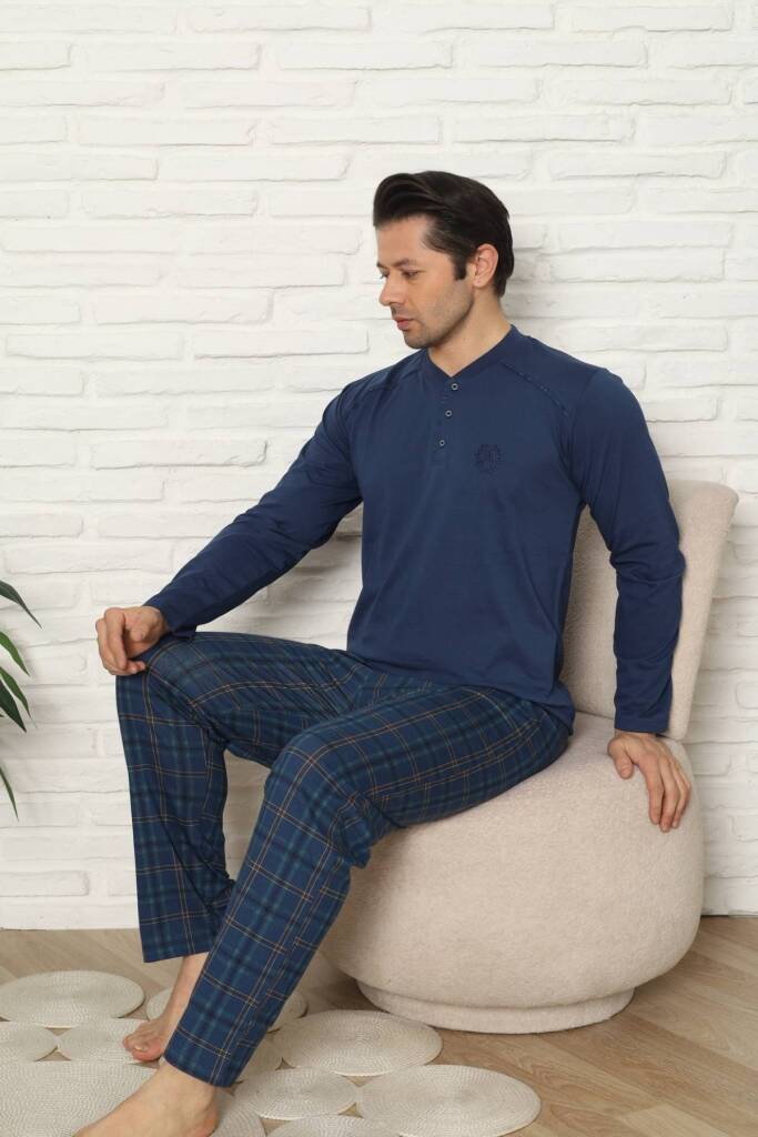 Erkek Pijama Takımı - İndigo Kareli Uzun Kollu Penye 1227UY - 2