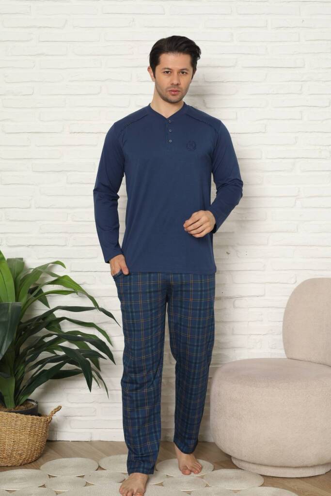 Erkek Pijama Takımı - İndigo Kareli Uzun Kollu Penye 1227UY - 1