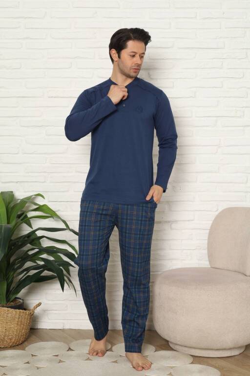 Erkek Pijama Takımı - İndigo Kareli Uzun Kollu Penye 1227UY - 4