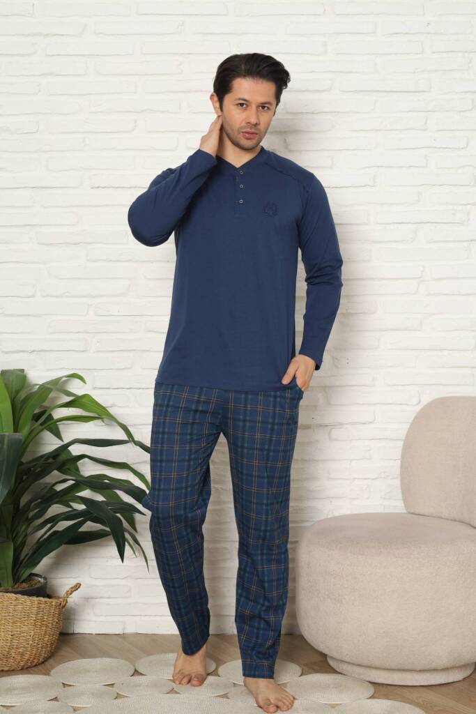 Erkek Pijama Takımı - İndigo Kareli Uzun Kollu Penye 1227UY - 3