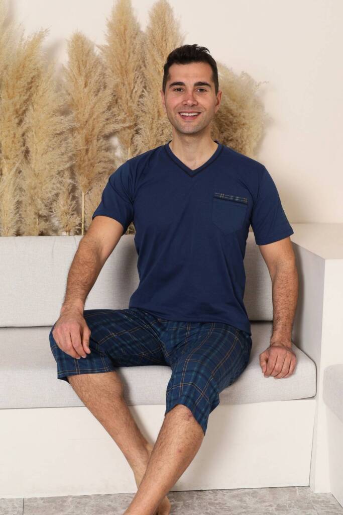 Erkek Pijama Takımı - İndigo Kareli V Yaka Bermuda Penye 1225B - 4