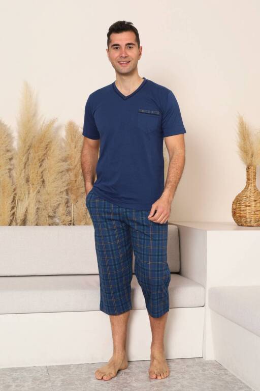 Erkek Pijama Takımı - İndigo Kareli V Yaka Bermuda Penye 1225B - Alimer