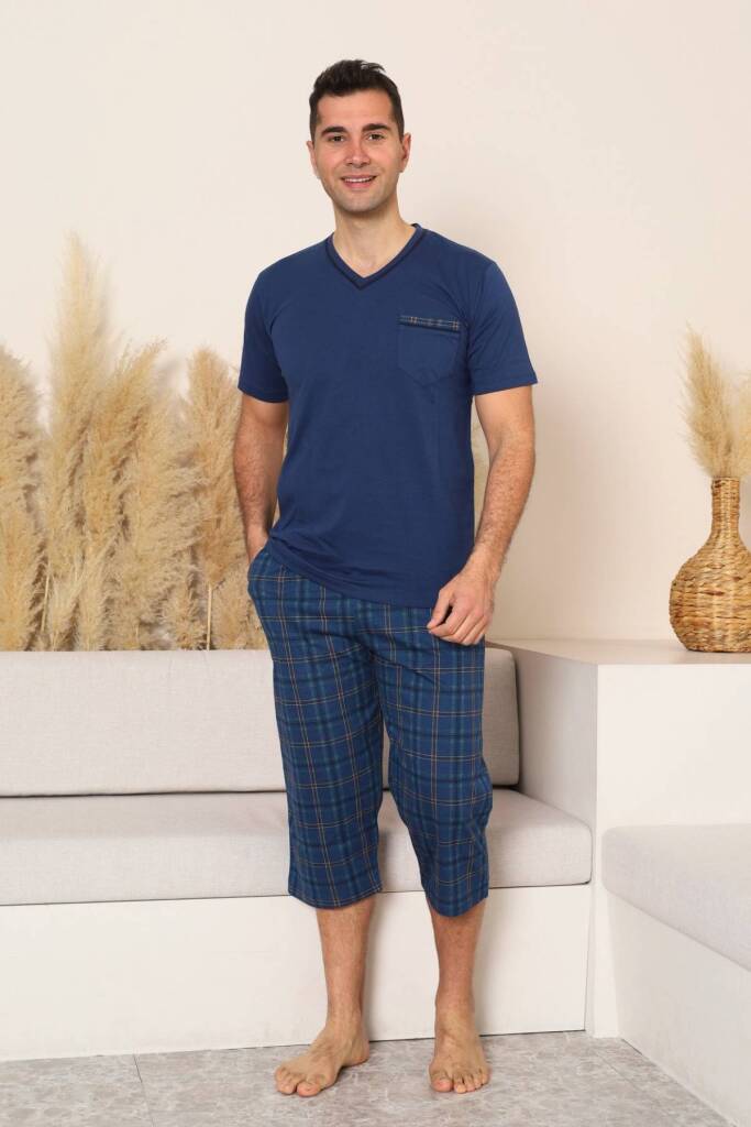 Erkek Pijama Takımı - İndigo Kareli V Yaka Bermuda Penye 1225B - 1