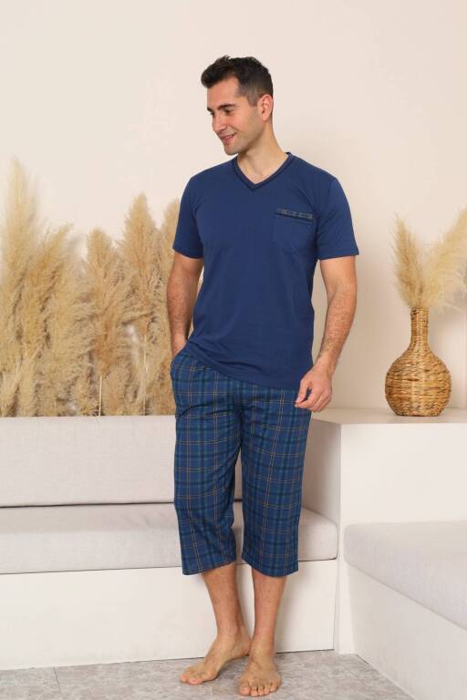 Erkek Pijama Takımı - İndigo Kareli V Yaka Bermuda Penye 1225B - Alimer (1)