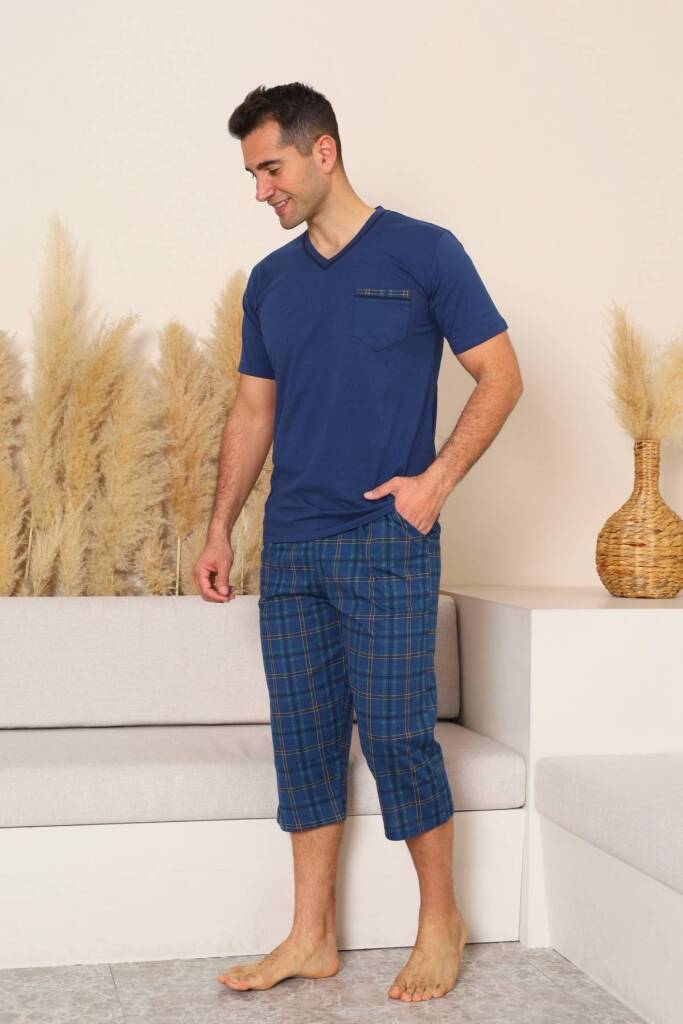 Erkek Pijama Takımı - İndigo Kareli V Yaka Bermuda Penye 1225B - 3