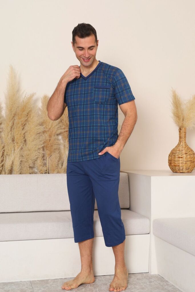 Erkek Pijama Takımı - İndigo Kareli V Yaka Bermuda Penye 1226B - 2