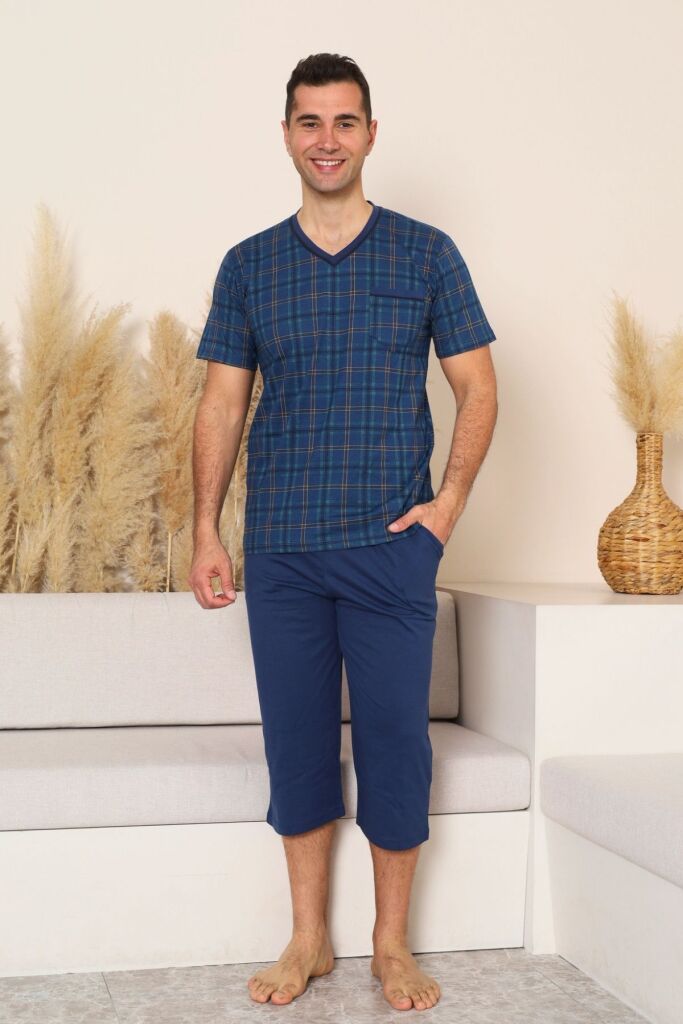 Erkek Pijama Takımı - İndigo Kareli V Yaka Bermuda Penye 1226B - 1