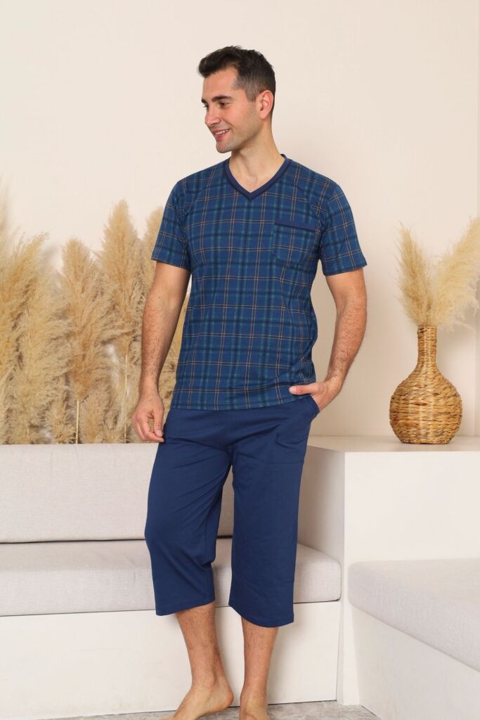 Erkek Pijama Takımı - İndigo Kareli V Yaka Bermuda Penye 1226B - 3