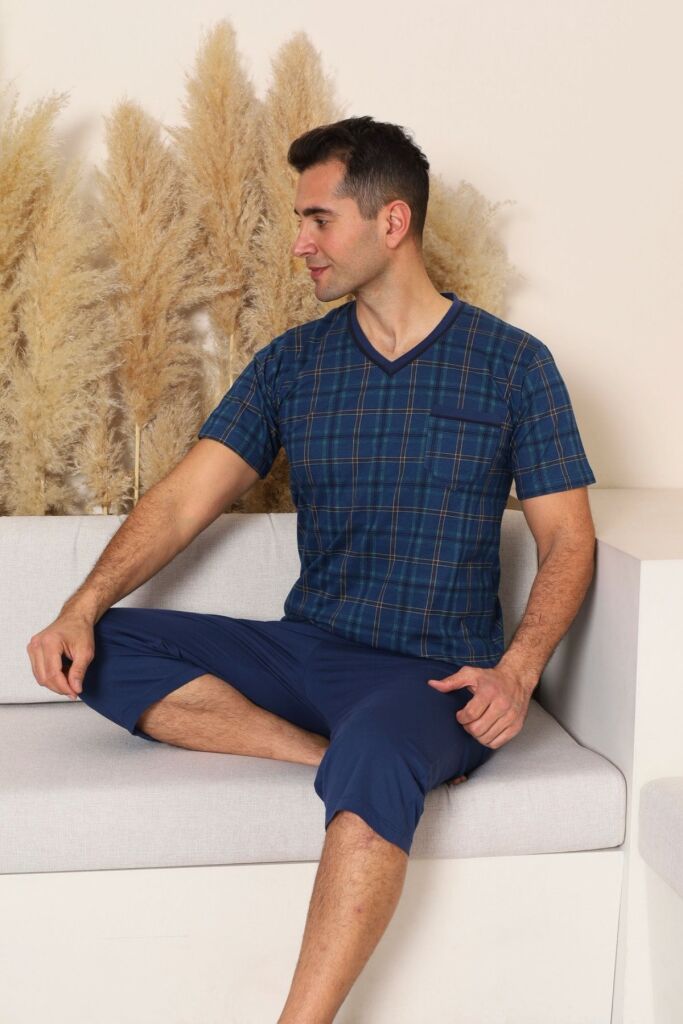 Erkek Pijama Takımı - İndigo Kareli V Yaka Bermuda Penye 1226B - 4