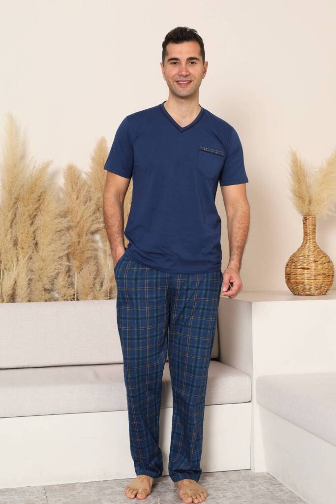 Erkek Pijama Takımı - İndigo Kareli V Yaka Kısa Kollu Penye 1225KY - 2