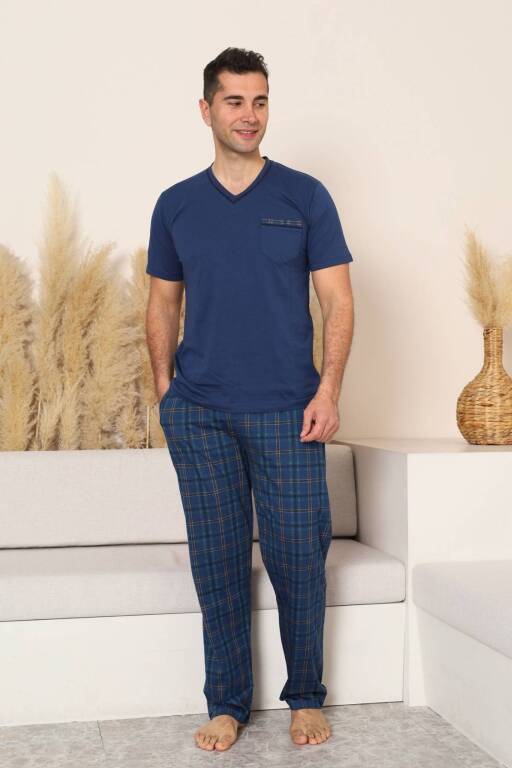 Erkek Pijama Takımı - İndigo Kareli V Yaka Kısa Kollu Penye 1225KY - 3