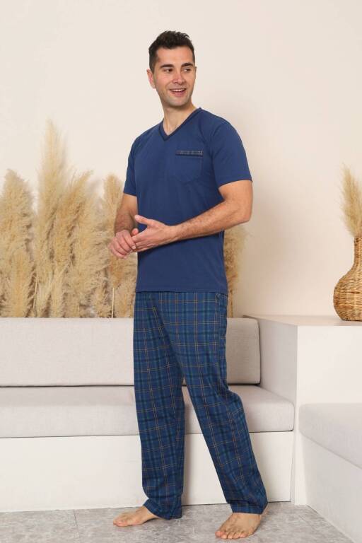 Erkek Pijama Takımı - İndigo Kareli V Yaka Kısa Kollu Penye 1225KY - 4