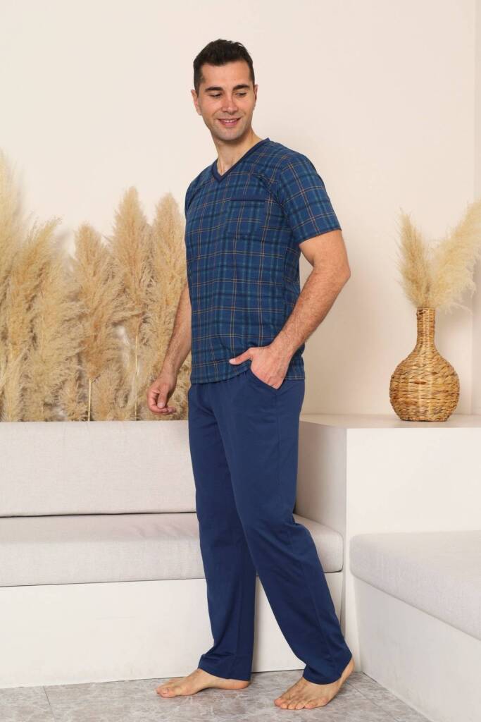 Erkek Pijama Takımı - İndigo Kareli V Yaka Kısa Kollu Penye 1226KY - 2