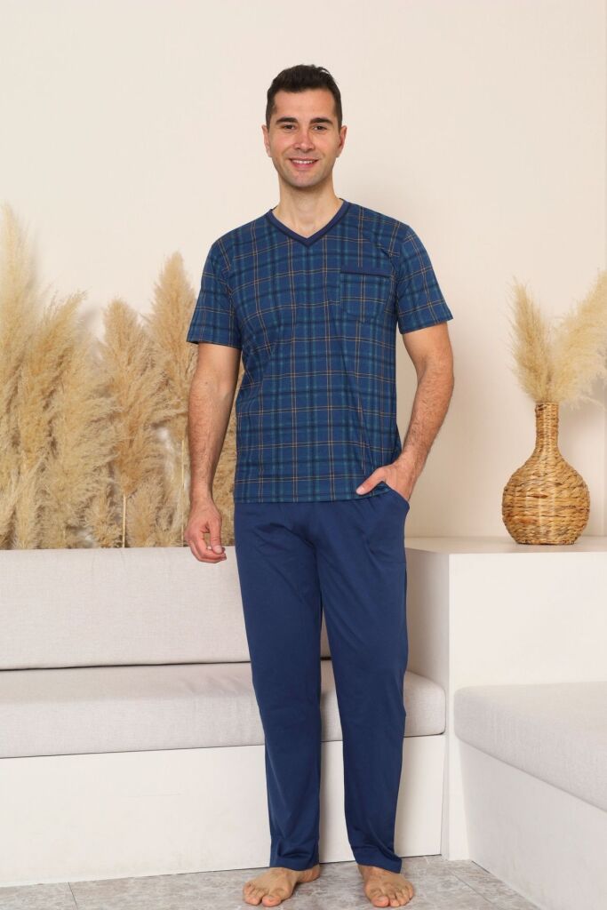 Erkek Pijama Takımı - İndigo Kareli V Yaka Kısa Kollu Penye 1226KY - 1