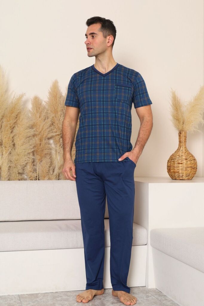 Erkek Pijama Takımı - İndigo Kareli V Yaka Kısa Kollu Penye 1226KY - 3
