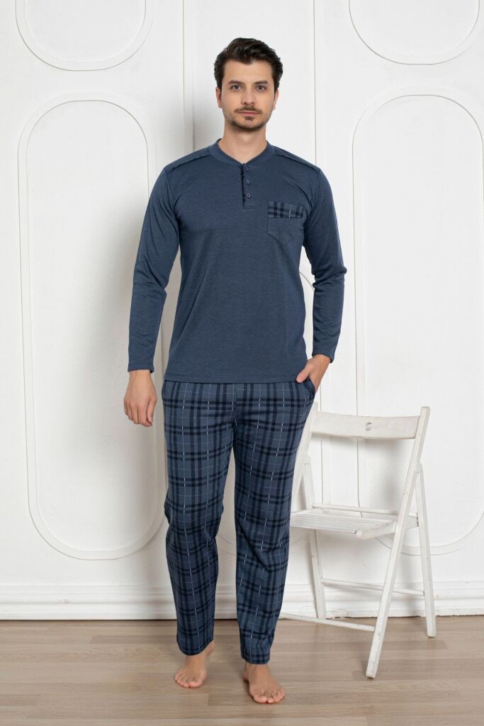 Erkek Pijama Takımı - İndigo Kışlık Şardonlu Jakarlı Kumaş 1211UK - 1