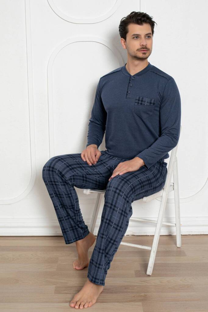 Erkek Pijama Takımı - İndigo Kışlık Şardonlu Jakarlı Kumaş 1211UK - 2