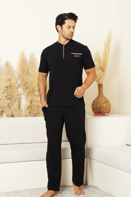 Erkek Pijama Takımı - Lacivert Arma Nakışlı Likralı Kısa Kollu Penye 1194KY - 3