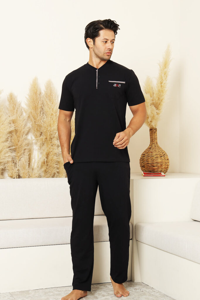 Erkek Pijama Takımı - Lacivert Arma Nakışlı Likralı Kısa Kollu Penye 1194KY - 3